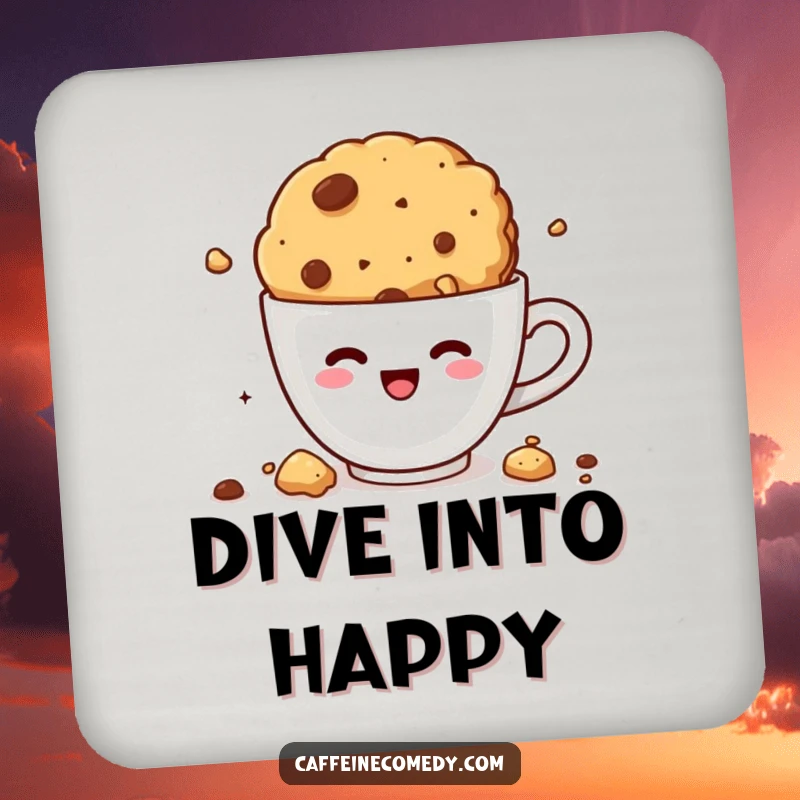 Funny kawaii cookie diving into coffee, set of coasters, protect furniture, crumbly and humorous drink accessory, dessert-themed decor.
