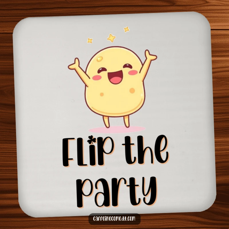 Funny Kawaii Pancake Coaster: A happy pancake character in mid-flip, protecting your surfaces with breakfast-themed fun.