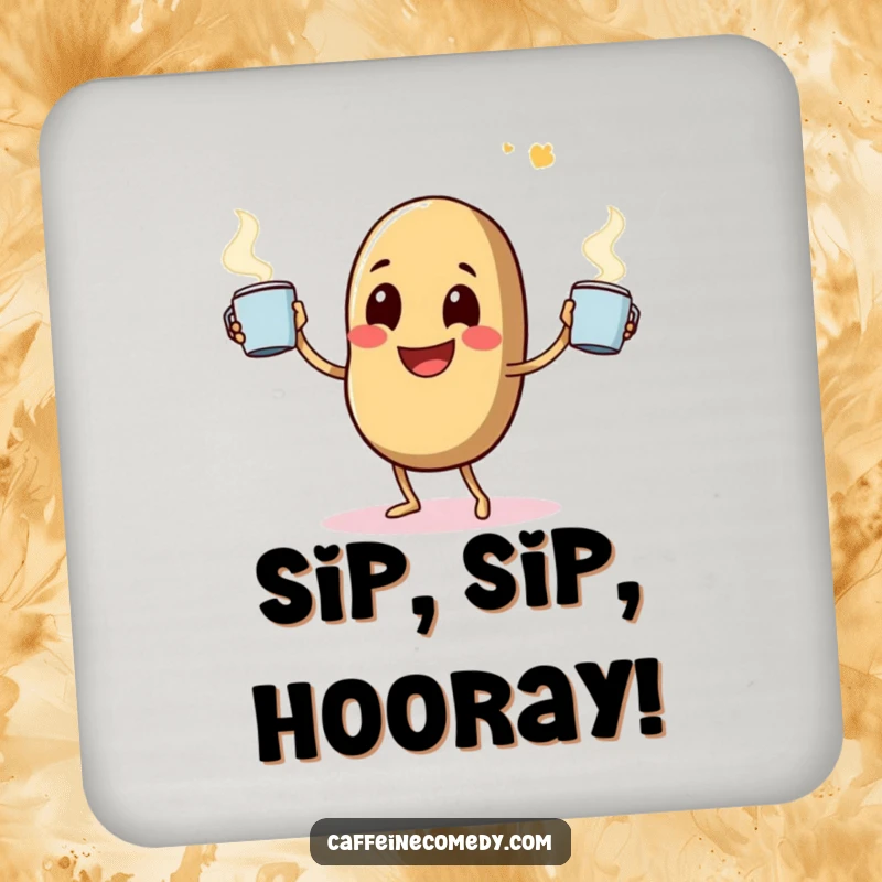 Funny coaster featuring a happy coffee bean character comically juggling steaming mugs, perfect for coffee-themed tables.