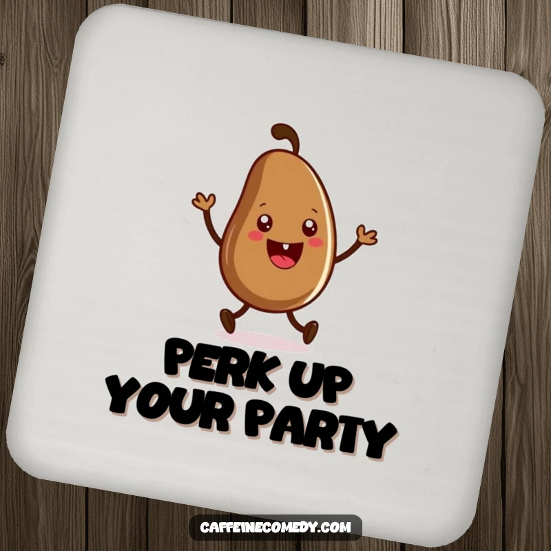 Funny drink coasters showcasing a grinning coffee bean character performing a joyful jig. Protects surfaces with energetic charm.