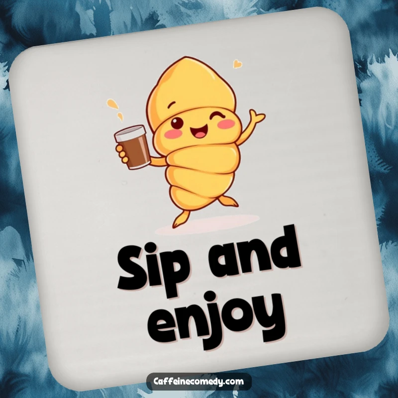 Funny Croissant character jigging with a coffee cup, protecting surfaces, adds a cheerful vibe to any table setting.