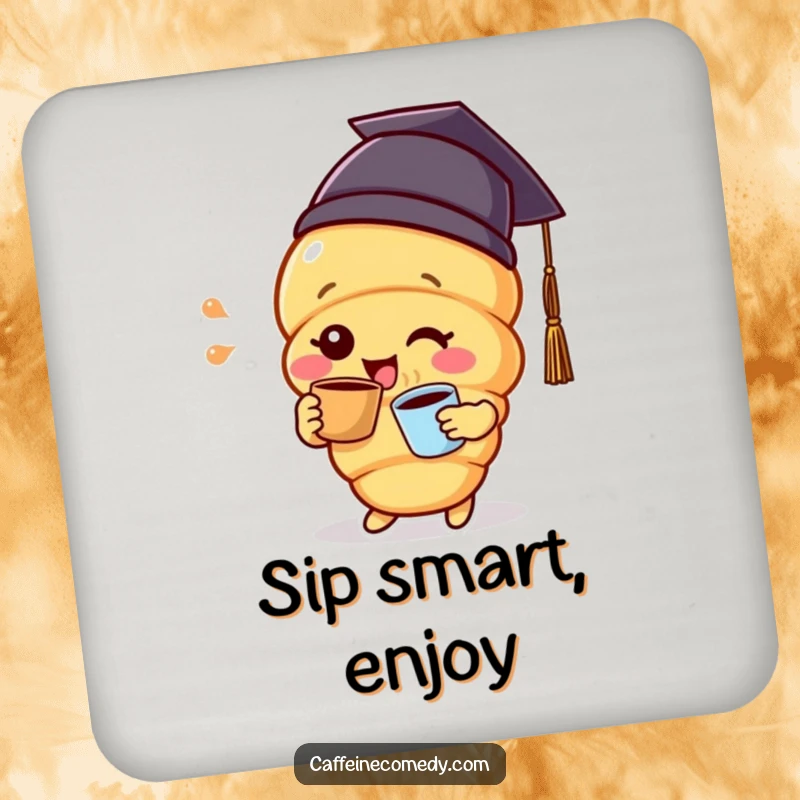 Funny delighted croissant character wearing a graduation cap and sipping coffee, protecting surfaces with humor.