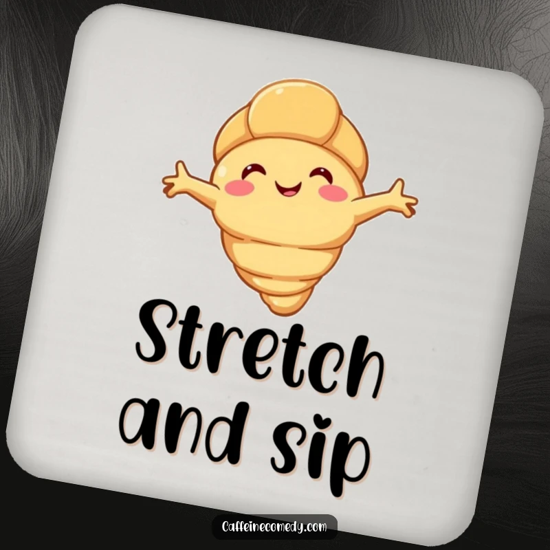 Funny happy croissant characters stretching their flaky arms, featured on protective coasters, adding cozy humor to any drink station.