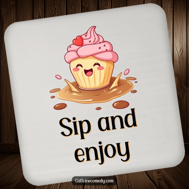 Funny Cupcake Coaster: A cupcake splashing in coffee protects drinks, adding sweet humor to any surface.