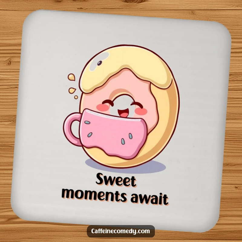 Funny donut character winking while enjoying a coffee cup, protects surfaces with a smile, adds playful appeal.