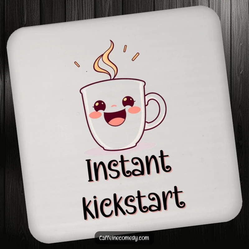 Funny drink coaster featuring a beaming espresso cup character steaming with energetic delight, adding a cheerful touch to any table.