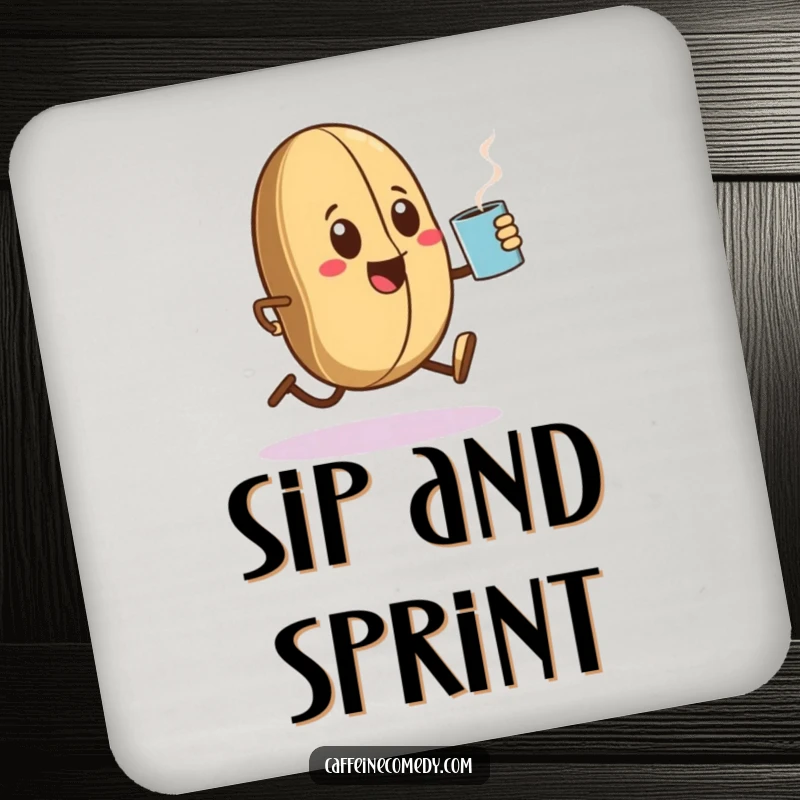 Funny Kawaii coffee bean character sprinting with a steaming mug, protecting surfaces with a humorous and cute design.