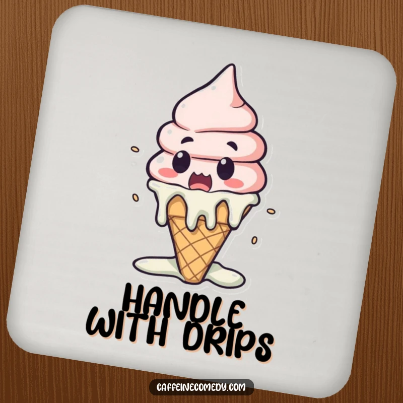 Funny Kawaii Ice Cream Melting Coaster: A surprised ice cream cone dramatically melting, protecting surfaces with dessert-themed humor.