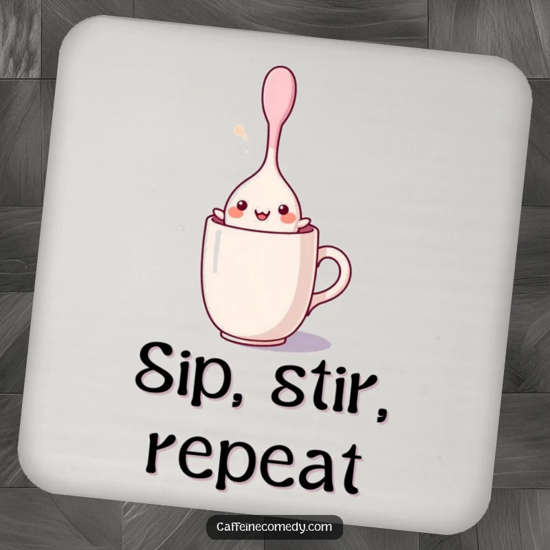Funny kawaii stirring spoon character dancing inside a mug, printed on a protective drink coaster, adding a touch of whimsical humor.