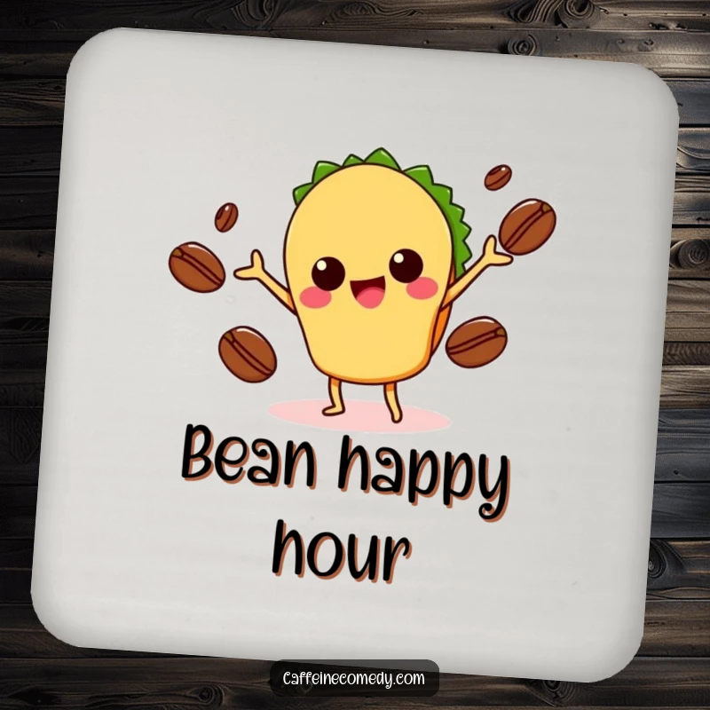Funny Kawaii Taco Juggling Coffee Coasters: Set of coasters with a cute taco juggling coffee beans, protecting surfaces with vibrant humor. A practical funny gift.