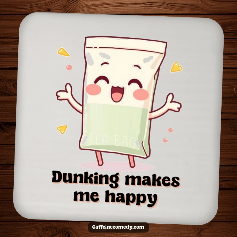 Funny drink coaster featuring a playful tea bag character enthusiastically dunking itself, adding a touch of tea-time fun.