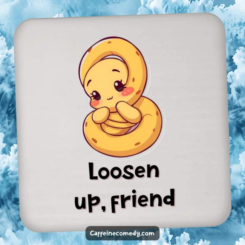 Funny Pretzel Drink Coaster: A curious pretzel character unraveling, adding a unique and humorous touch to drink service.