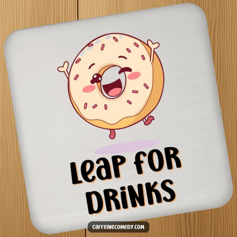 Funny delighted donut characters leaping with sprinkles, featured on protective coasters, adding sweet humor to any drink station.