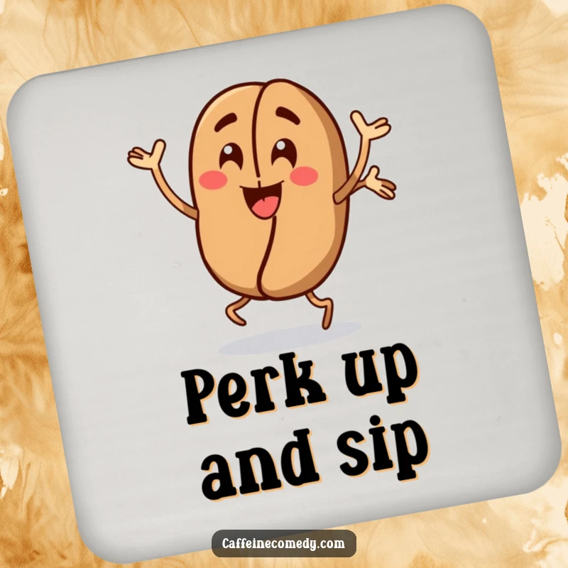 Funny Coffee Bean Coaster: An energetic coffee bean character performs jumping jacks, adding a humorous and functional touch to protect your surfaces.
