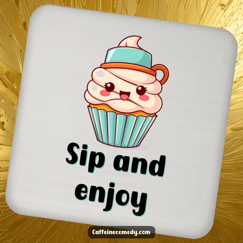 Funny Kawaii cupcake character wearing a coffee mug hat, featured on a set of protective drink coasters.