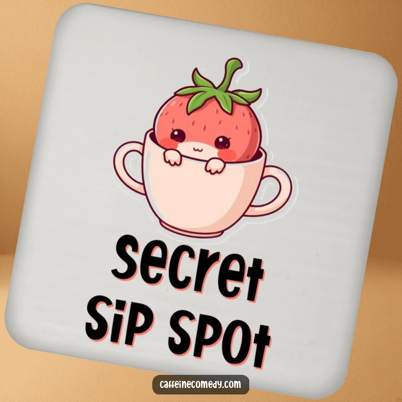 Funny Kawaii Strawberry Hiding Coaster: A mischievous strawberry character hiding in a mug, protecting surfaces with cute humor.