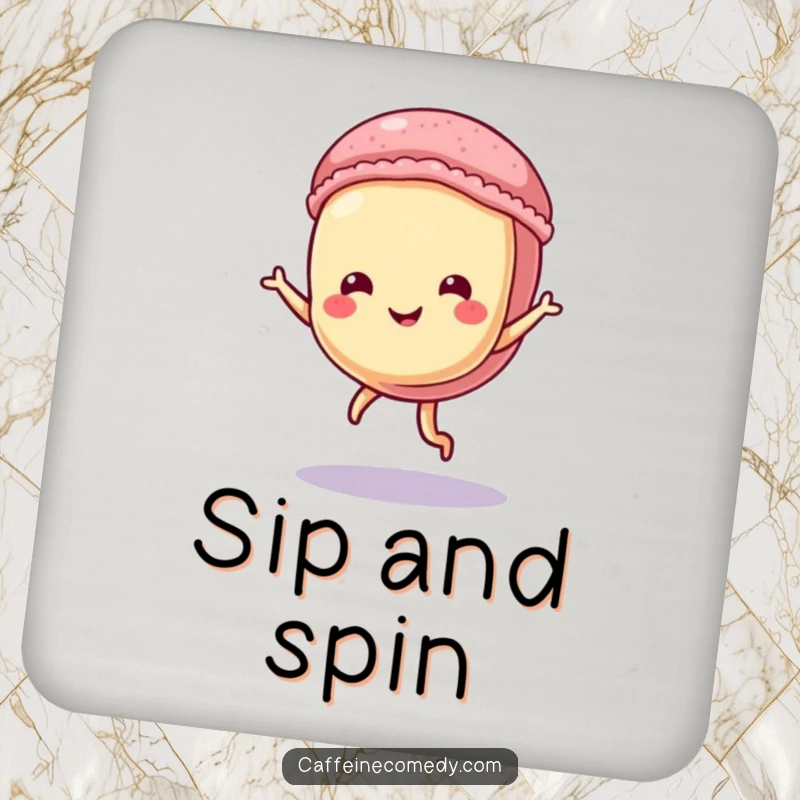 Funny Macaron Drink Coaster: A cute macaron character dancing, preventing spills with whimsical charm.