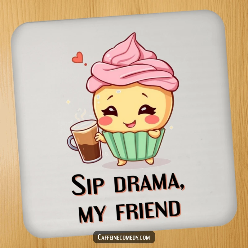 Funny coaster featuring a giggling cupcake character in a dramatic pose with a frothy coffee, protecting surfaces with humor.