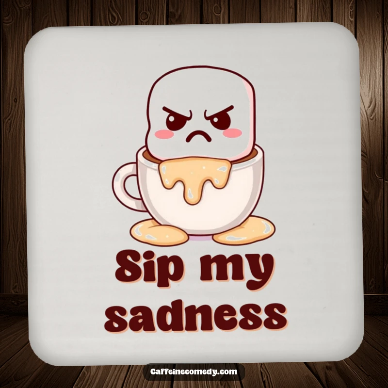 Funny grumpy kawaii marshmallow melting into hot chocolate, designed as a protective and cozy drink coaster.