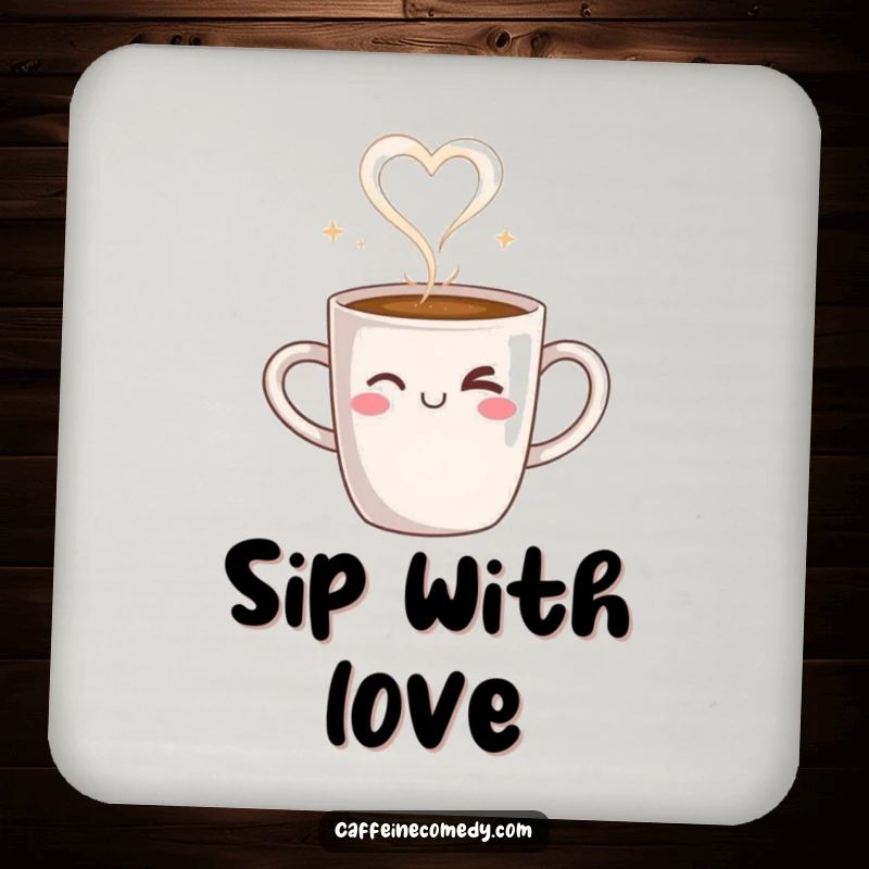 Funny coaster with a steaming coffee mug character winking, steam forming a heart, adding warm ambiance and protection.