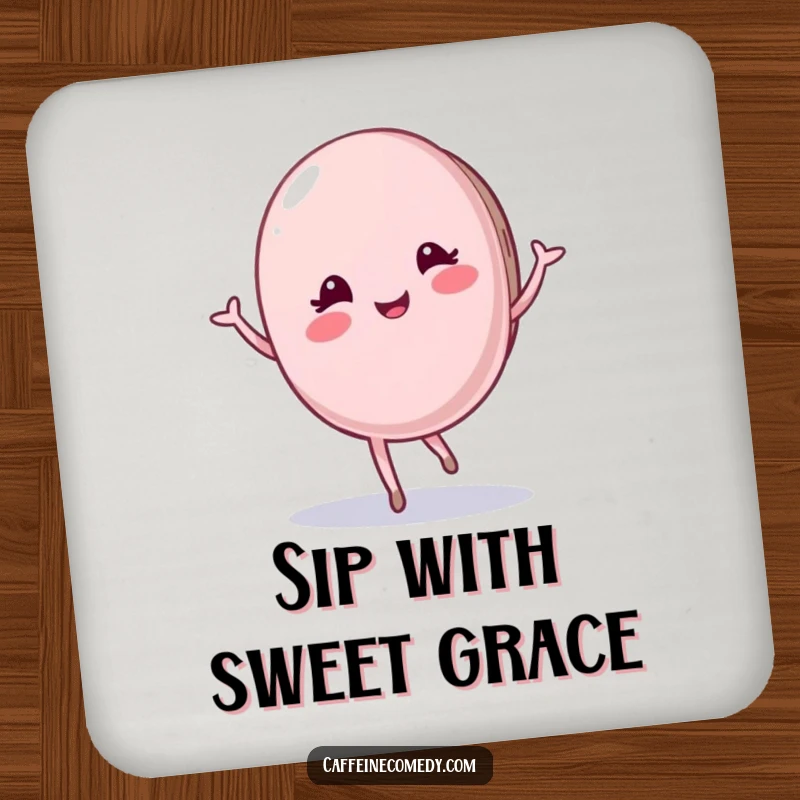 Funny Macaron Coaster: A pleased macaron character performs a graceful twirl, providing a humorous and elegant way to protect your surfaces.