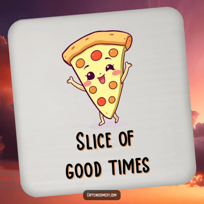 Funny Pizza Drink Coaster: A gleeful pizza slice character spinning happily, protecting surfaces with humor.