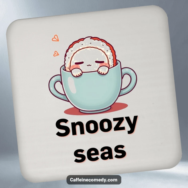 Funny Kawaii Sushi Coffee Coasters: Set of coasters with a cute sushi character sleeping in a coffee mug, protecting surfaces with calm humor. A practical funny gift.