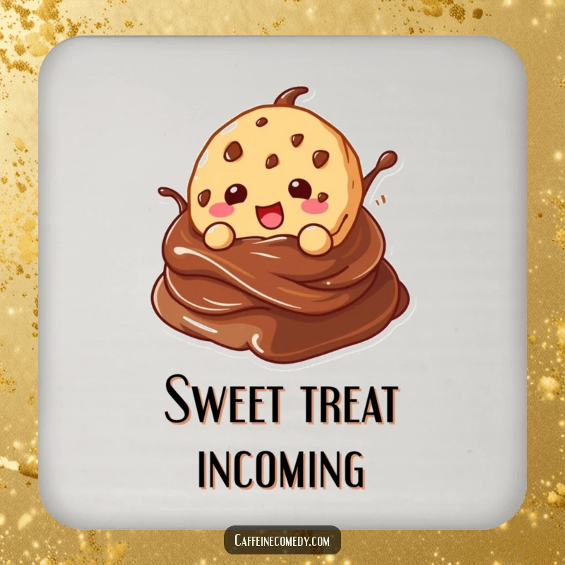 Funny kawaii cookie character gleefully diving into a chocolate swirl, on a colorful and humorous drink coaster.