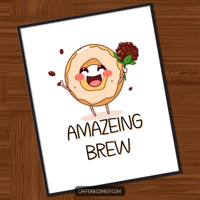 Funny donut hole character joyfully presenting a unique bouquet crafted from coffee beans, adding artful humor.