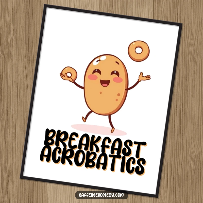 Funny poster displaying a lively coffee bean in mid-air, juggling three miniature bagels with impressive dexterity and joy.