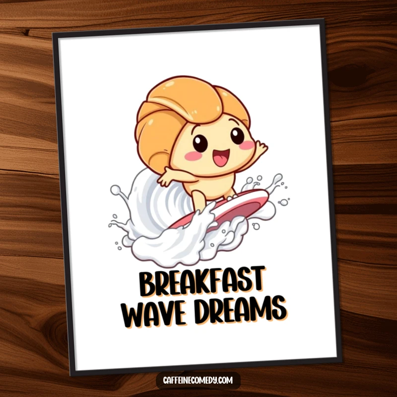 Funny Kawaii Croissant Surfing Milk Poster: Whimsical wall art of a happy croissant surfing a milk wave, adding humor to any room. A delightful funny gift.
