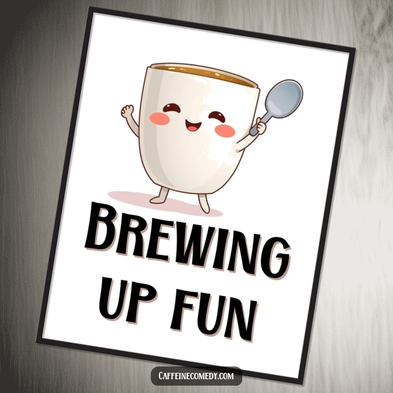 Funny coffee mug character dancing joyfully with a spoon, perfect for wall art.