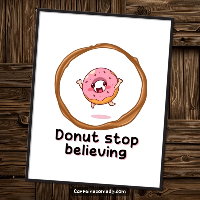 Funny cheerful donut character joyfully leaping through a ring of coffee steam, creating a whimsical and humorous wall art.
