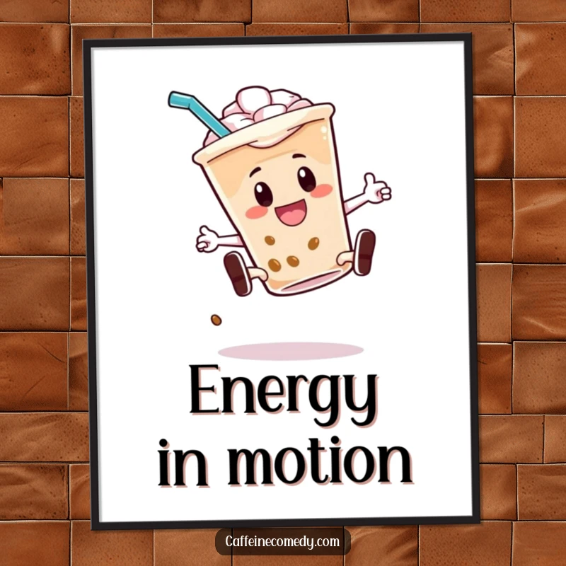 Funny poster art of an energetic iced coffee character performing a kickflip with its straw, perfect for adding cool decor.
