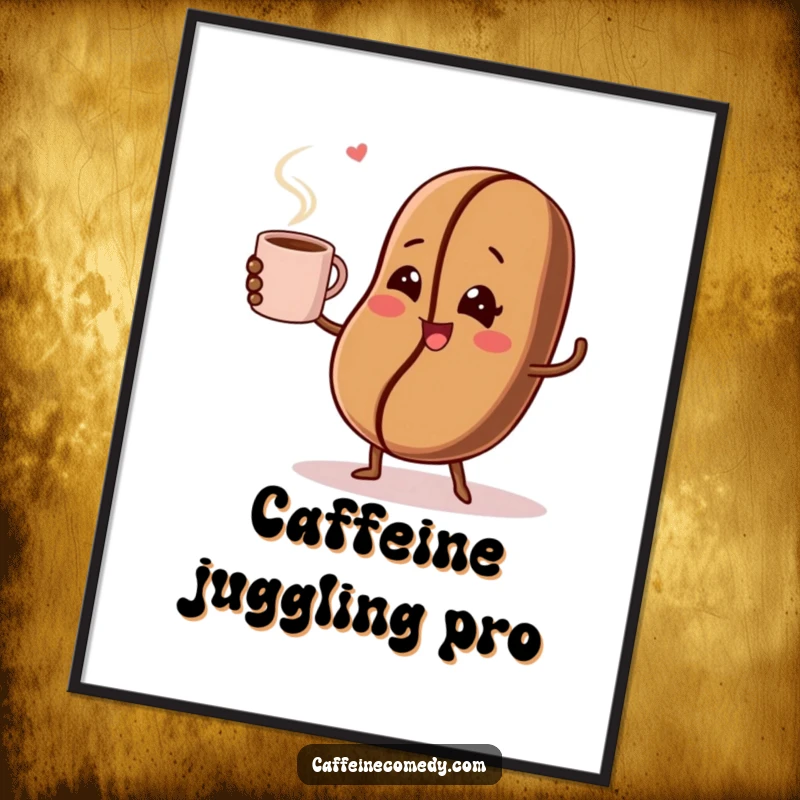 Funny poster print of a winking coffee bean character enthusiastically juggling a hot coffee mug, adding humor to walls.