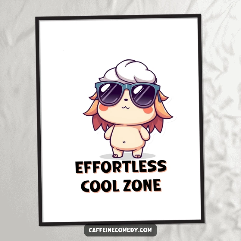 Funny poster illustration of a cool cold brew character, wearing tiny sunglasses and looking incredibly relaxed and chill.