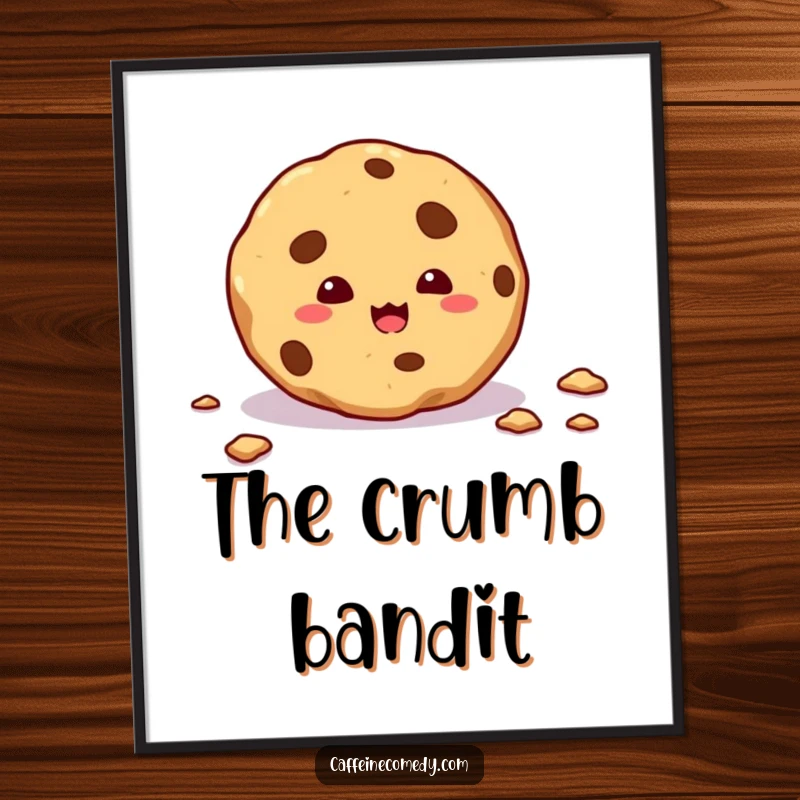 Funny poster art of a mischievous cookie trailing crumbs, creating a whimsical and delightful scene for any space.