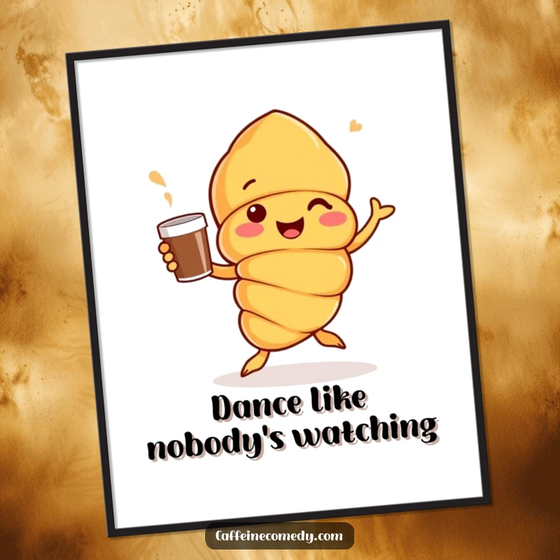 Funny cheerful croissant character dancing with a coffee cup, vibrant wall art, bringing energy and smiles to the room.
