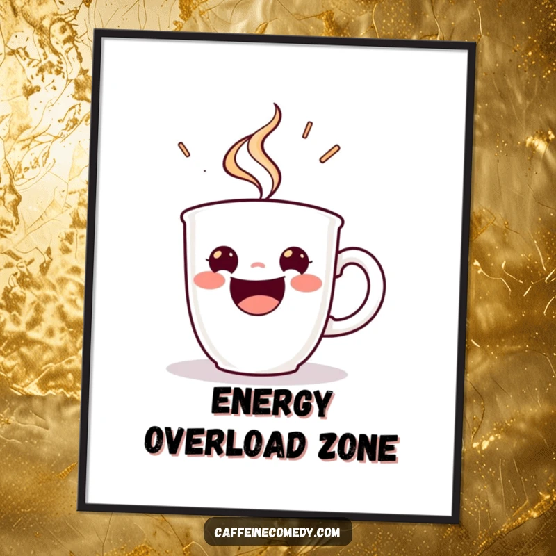 Funny poster art of a beaming espresso cup character steaming with energetic delight, bringing vibrant, cheerful vibes to any room.