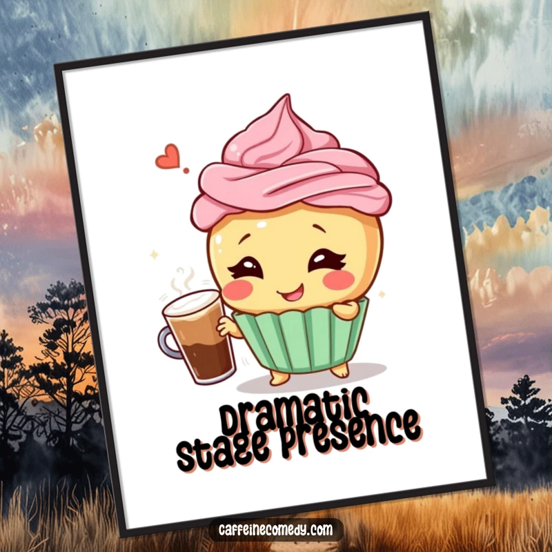 Funny poster of a giggling cupcake character in a theatrical pose, holding a frothy coffee, adding a humorous artistic touch to any wall.