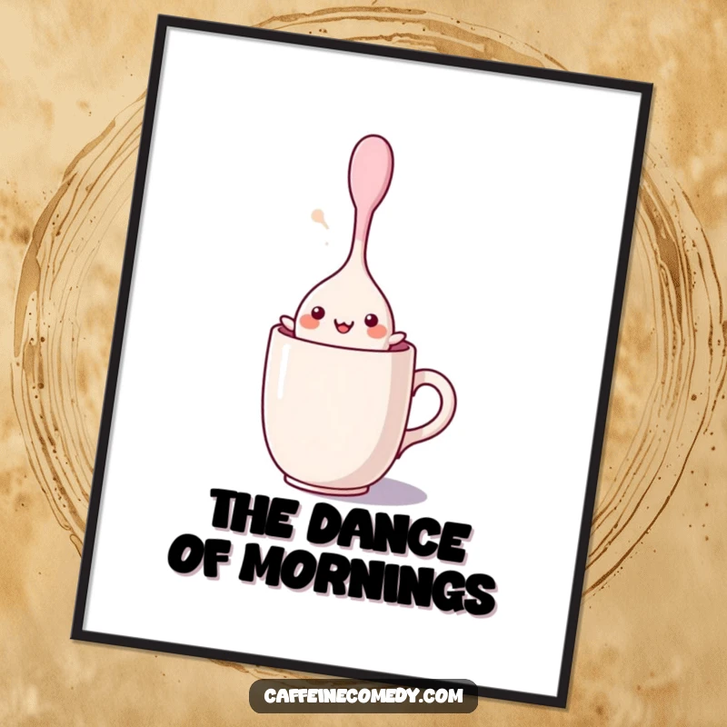 Funny kawaii stirring spoon character doing a lively dance inside a mug, presented as a colorful and cheerful poster for wall decor.