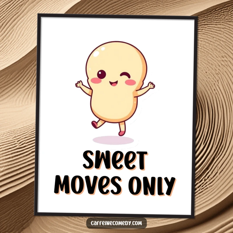 Funny macaron poster featuring a whimsical macaron character in a spontaneous, joyful dance, adding a splash of color and fun.