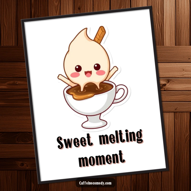 Funny poster of a delighted ice cream character melting happily into a hot coffee, adding whimsical and sweet humor to any room.