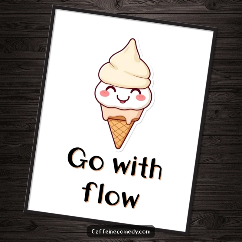 Funny Ice Cream Poster: A smiling ice cream cone character cheerfully melting, bringing sweet, humorous charm to decor.