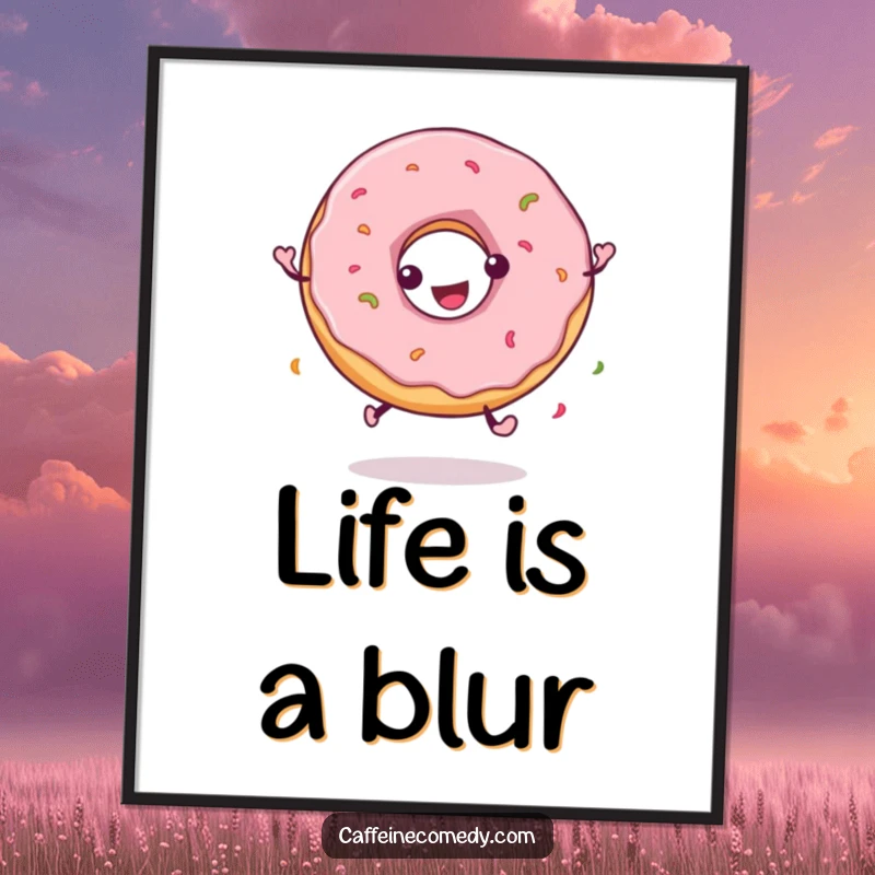 Funny poster featuring a playful donut character in a continuous joyful spin, bringing a sense of movement and sweetness.