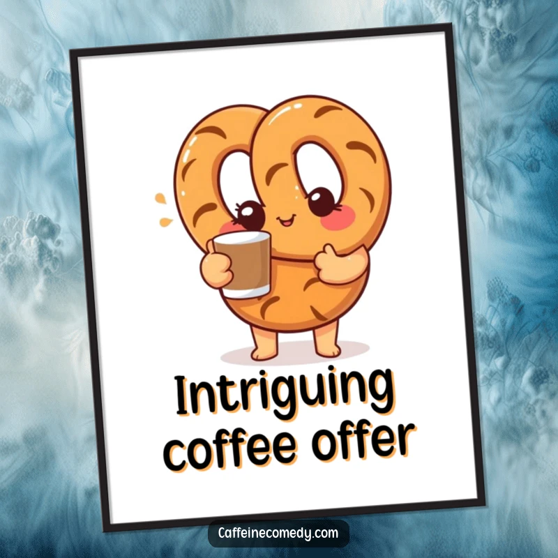 Funny poster of a curious pretzel character offering a coffee cup with a friendly wink, adding whimsical humor to any room.