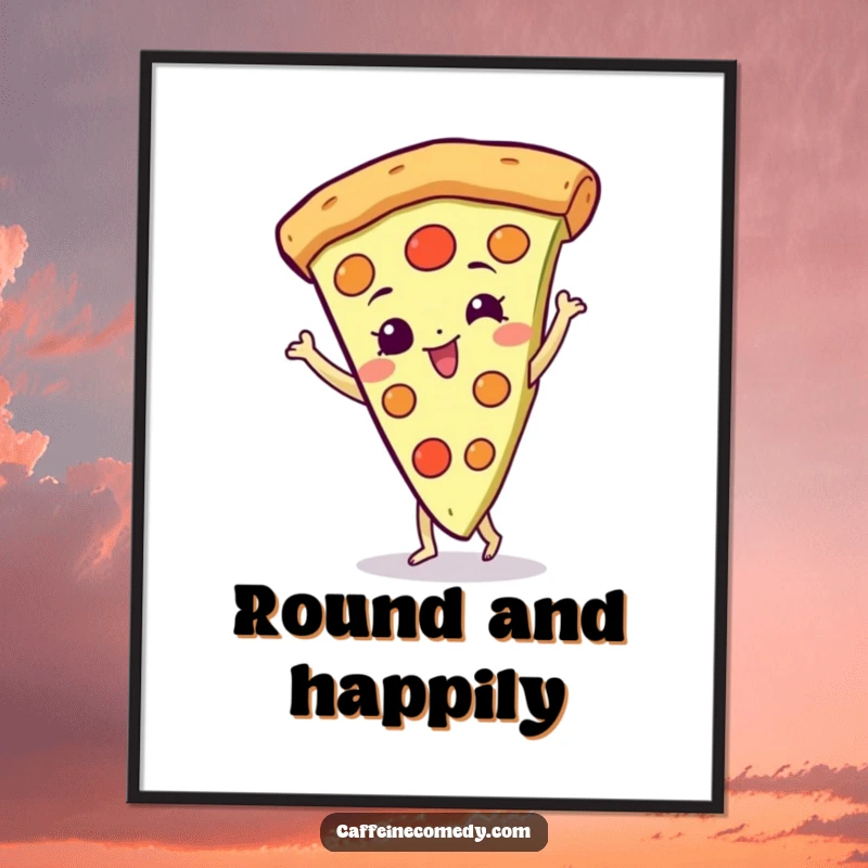 Funny Pizza Poster: A gleeful pizza slice character spinning with excitement, adding vibrant, humorous energy to decor.