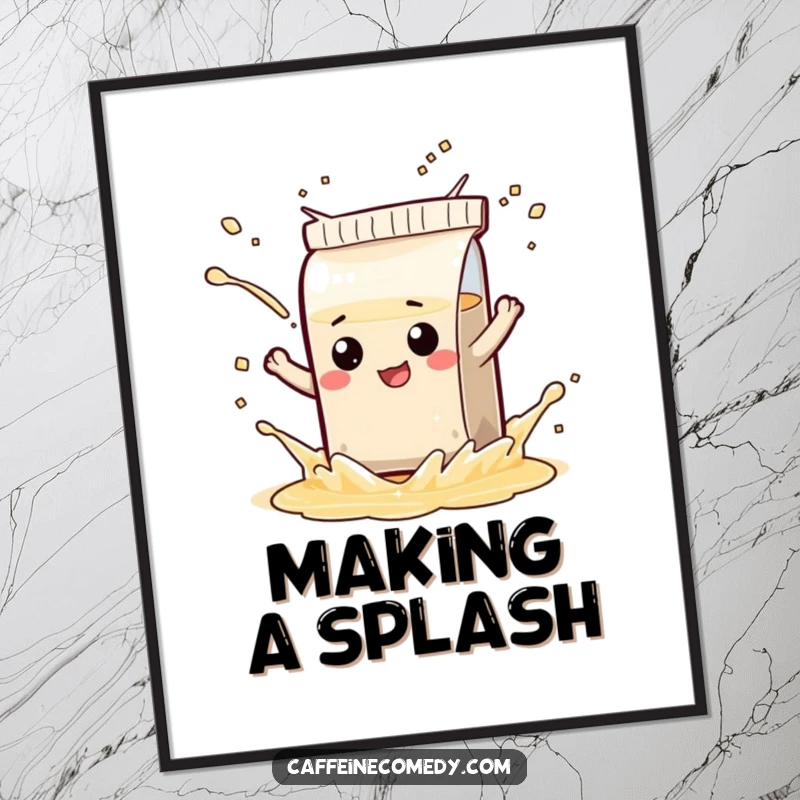 Funny poster depicting a mischievous tea bag character playfully splashing, adding a humorous and artistic touch to any room.