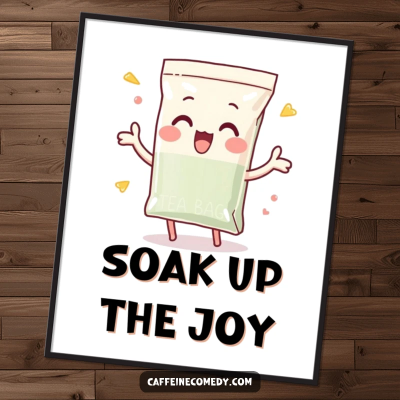 Funny poster art of a playful tea bag character enthusiastically dunking itself, adding a splash of fun and tea-themed charm.