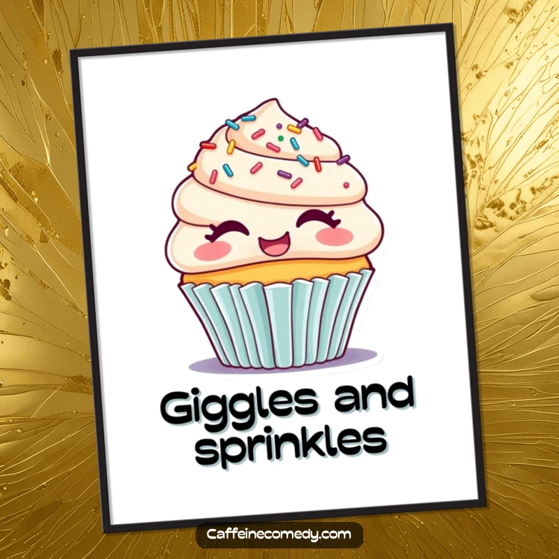 Funny poster of a cheerful cupcake with sprinkles for hair, giggling, adding a delightful and sweet touch to any room.